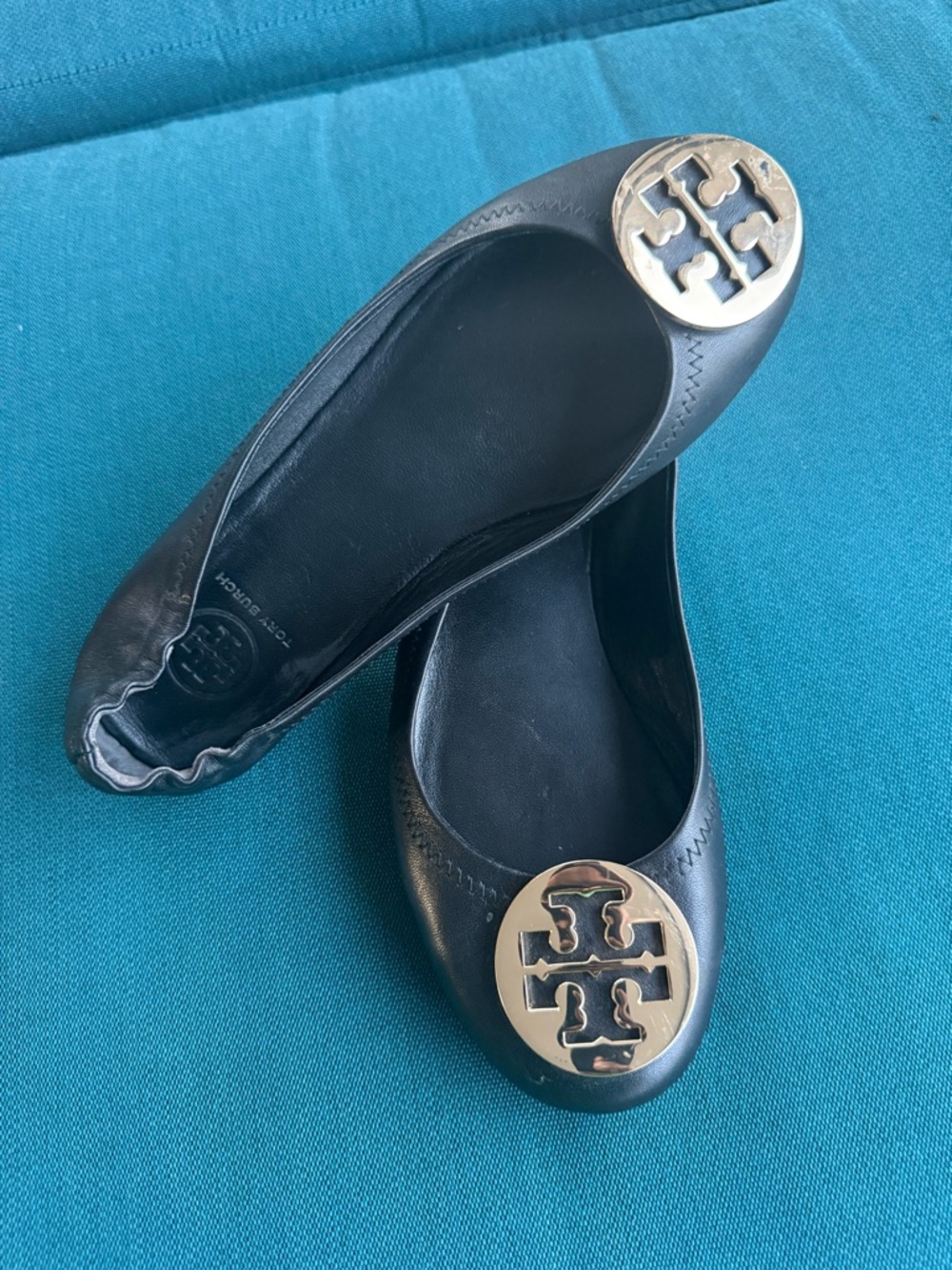 Tory Burch Black Leather Ballet Flats with Gold Logo Emblem